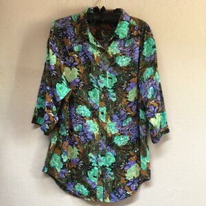 Coupe Collection Boyfriend Button Up 3/4 Sleeve Floral Shirt Multicolor Rayon
